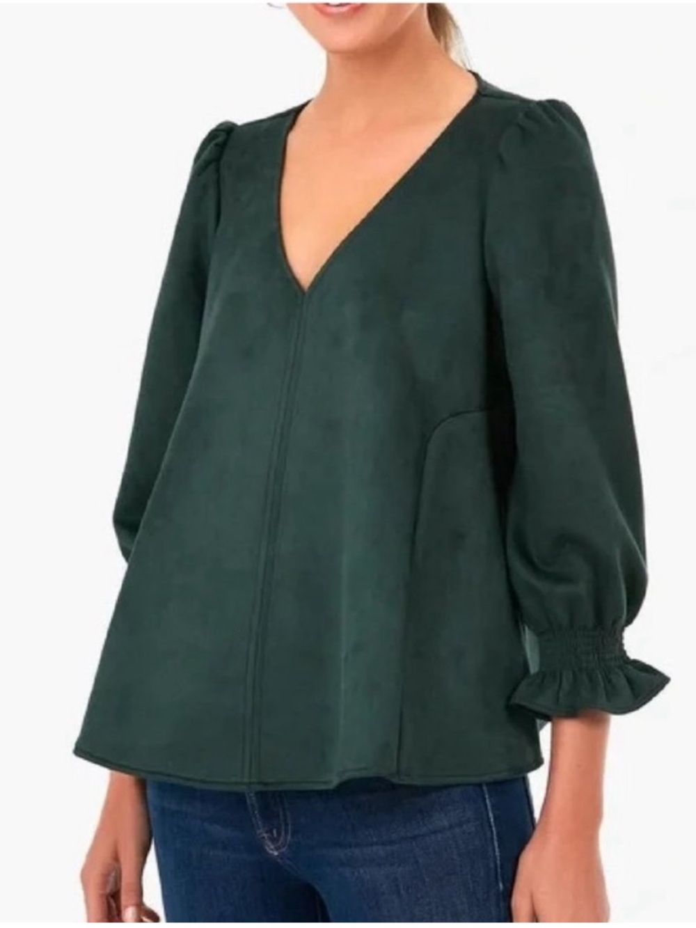 Tuckernuck Green Faux Suede 3/4 Length Sleeve V Neck Easton Blouse Top Sz. XS
